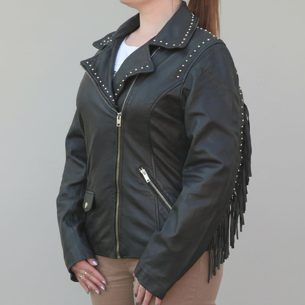 Women's Studded Leather Jacket with Removable Fringe - Boutique of Leathers/Open Road
