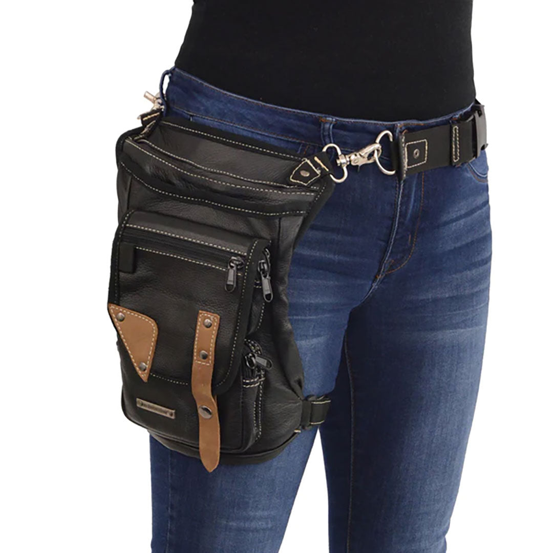 Milwaukee Leather Contrast Stitching Leather Thigh Bag with Waist Belt