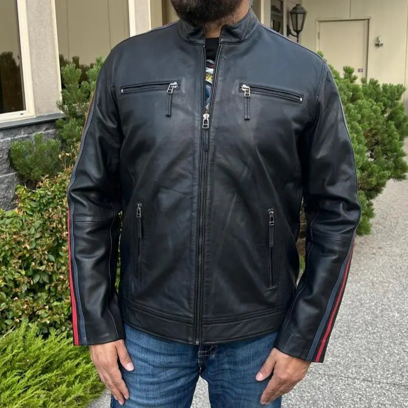 Men's Lamb Leather Jacket with Stripes - Boutique of Leathers/Open
