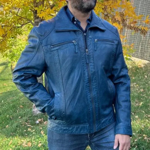 Men's Lamb Leather Jacket with Two Zipper Chest Pockets - Boutique