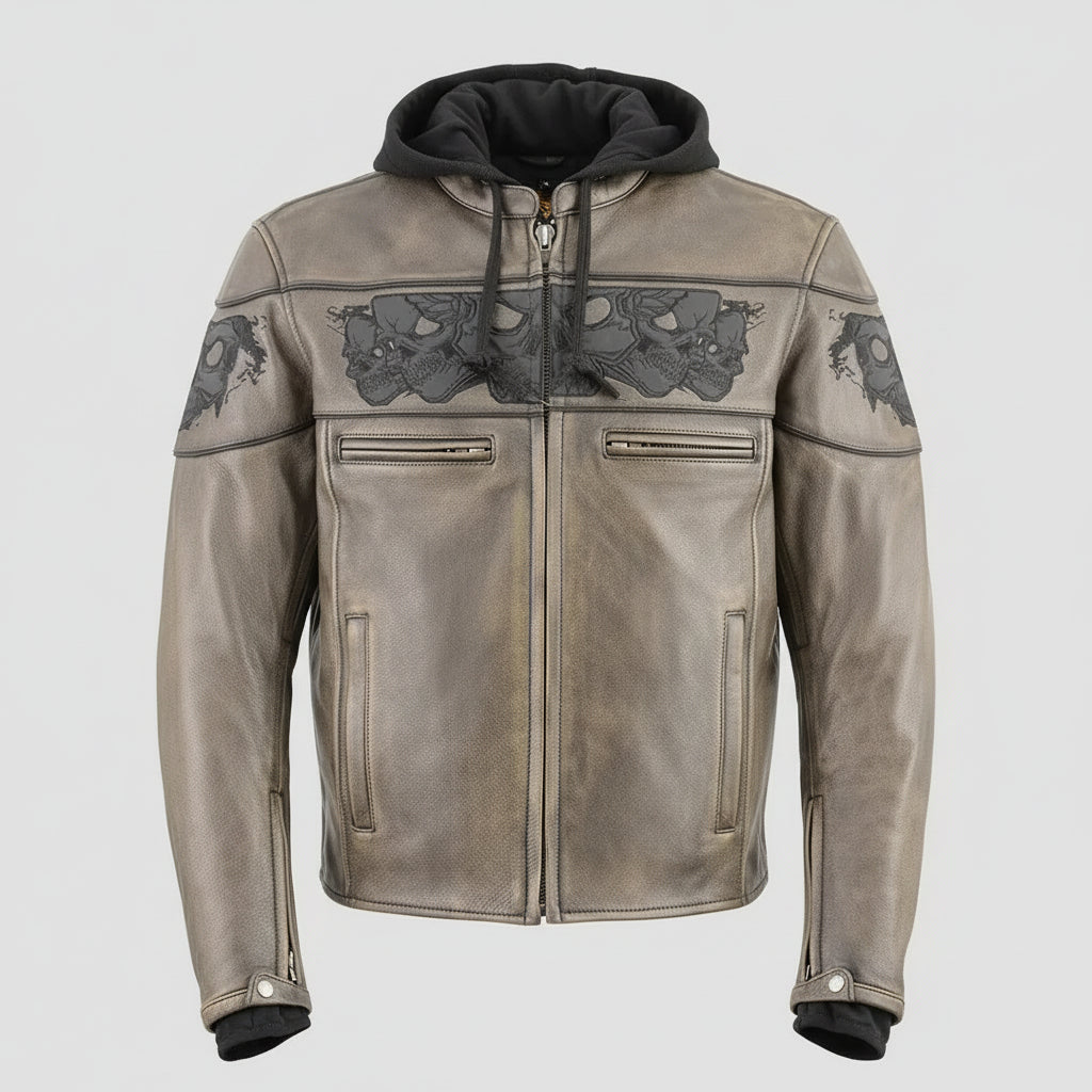 Milwaukee Leather Men's Crossover Scooter Jacket w/ Reflective Skulls & Full Sleeve Removable Hoodie