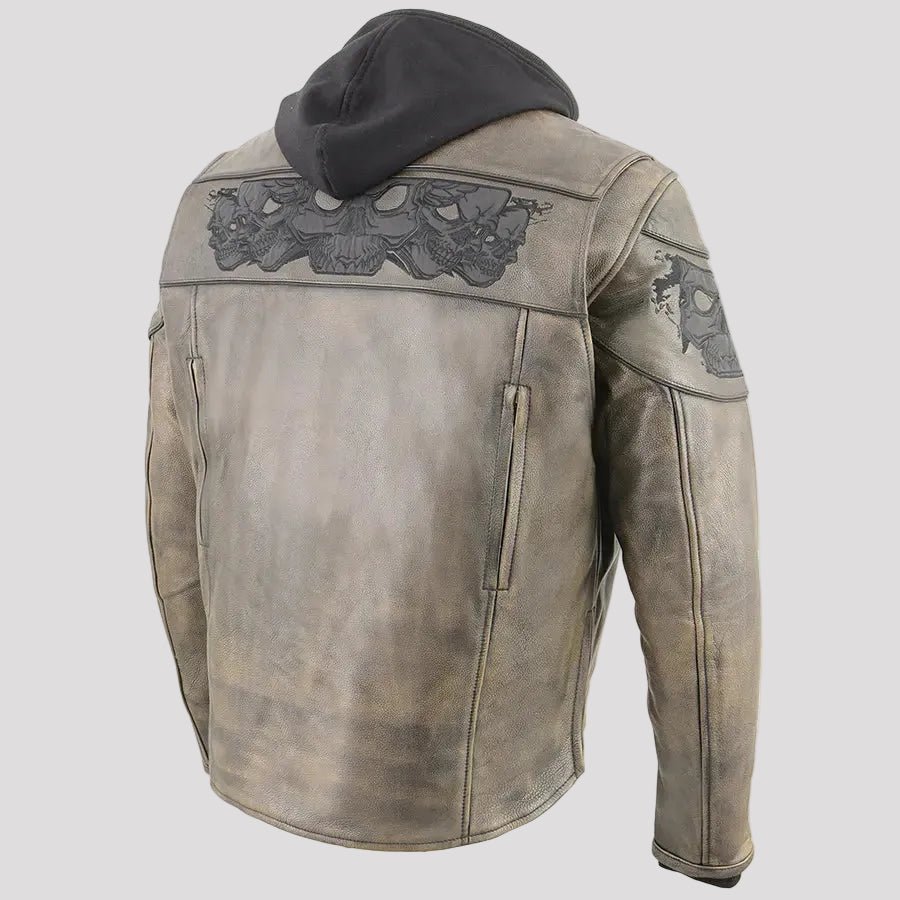Brown leather jacket with embroidered details on a white background