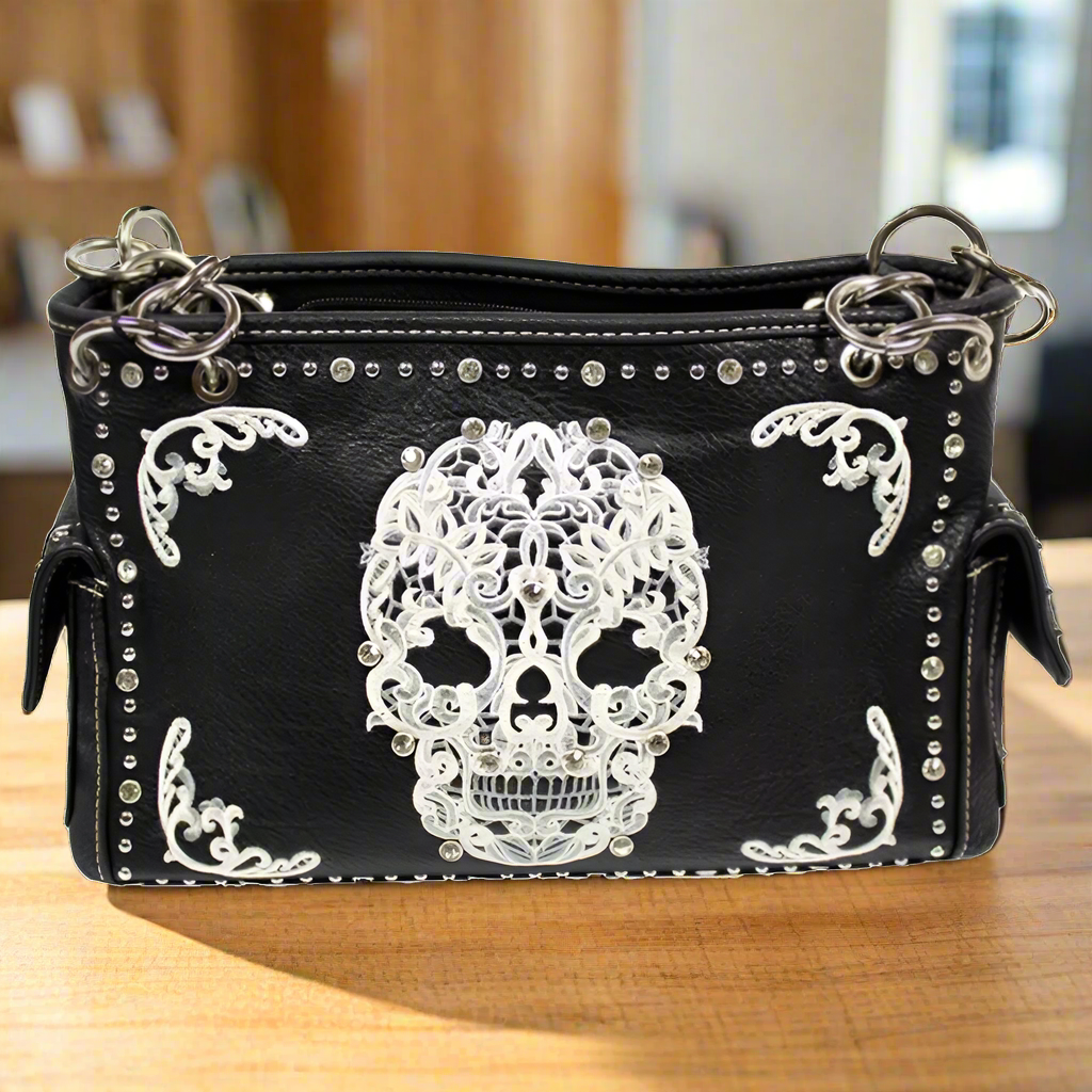 Montana West Sugar Skull Embroidered Handbag Black White