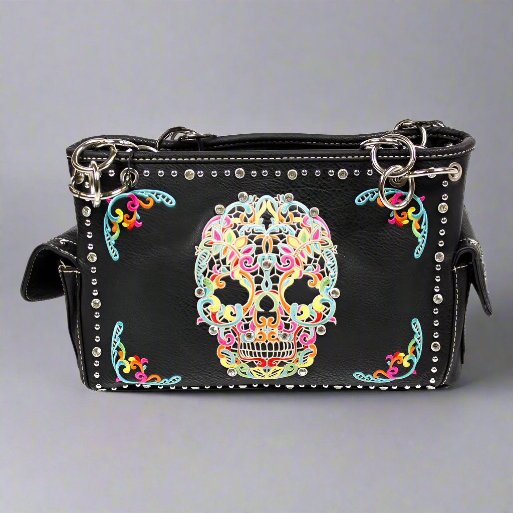 Montana West black embroidered good sugar skull handbag