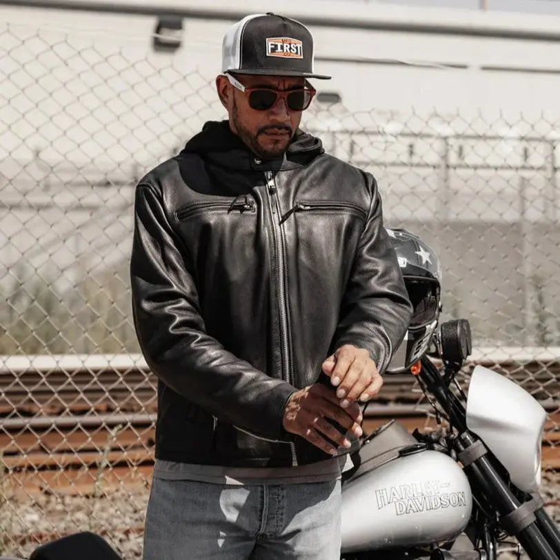 Open Road Men s Hooded Leather Motorcycle Jacket Black Small
