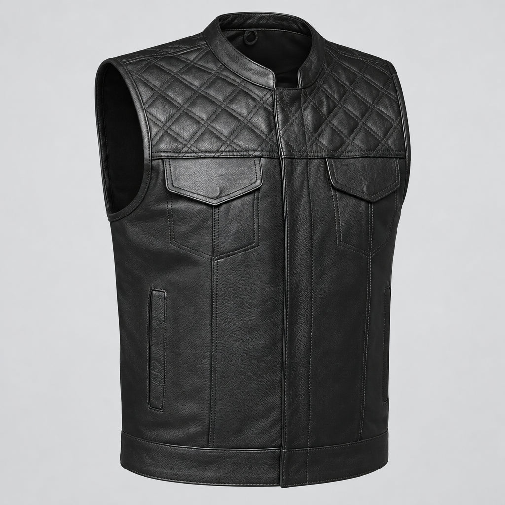 Black leather vest with quilted design on a white background