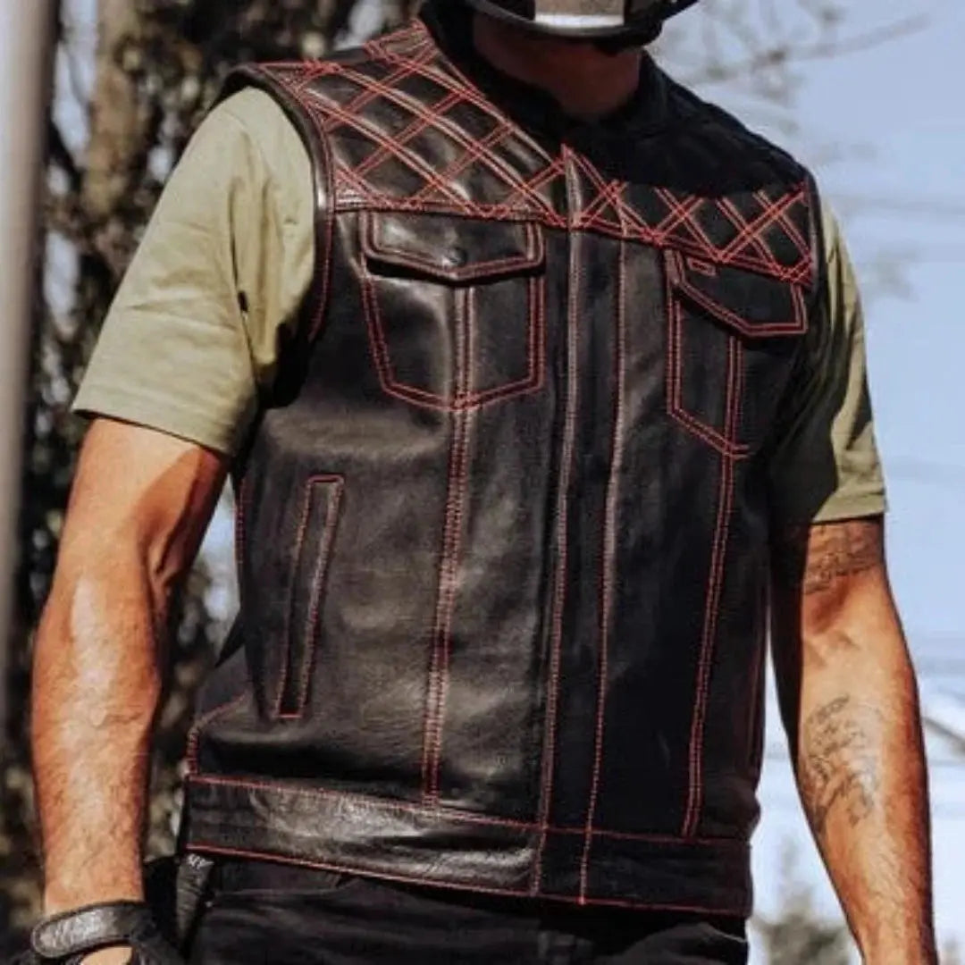 Open Road Men's Upside Leather with Red Stitched Diamonds Vest -
