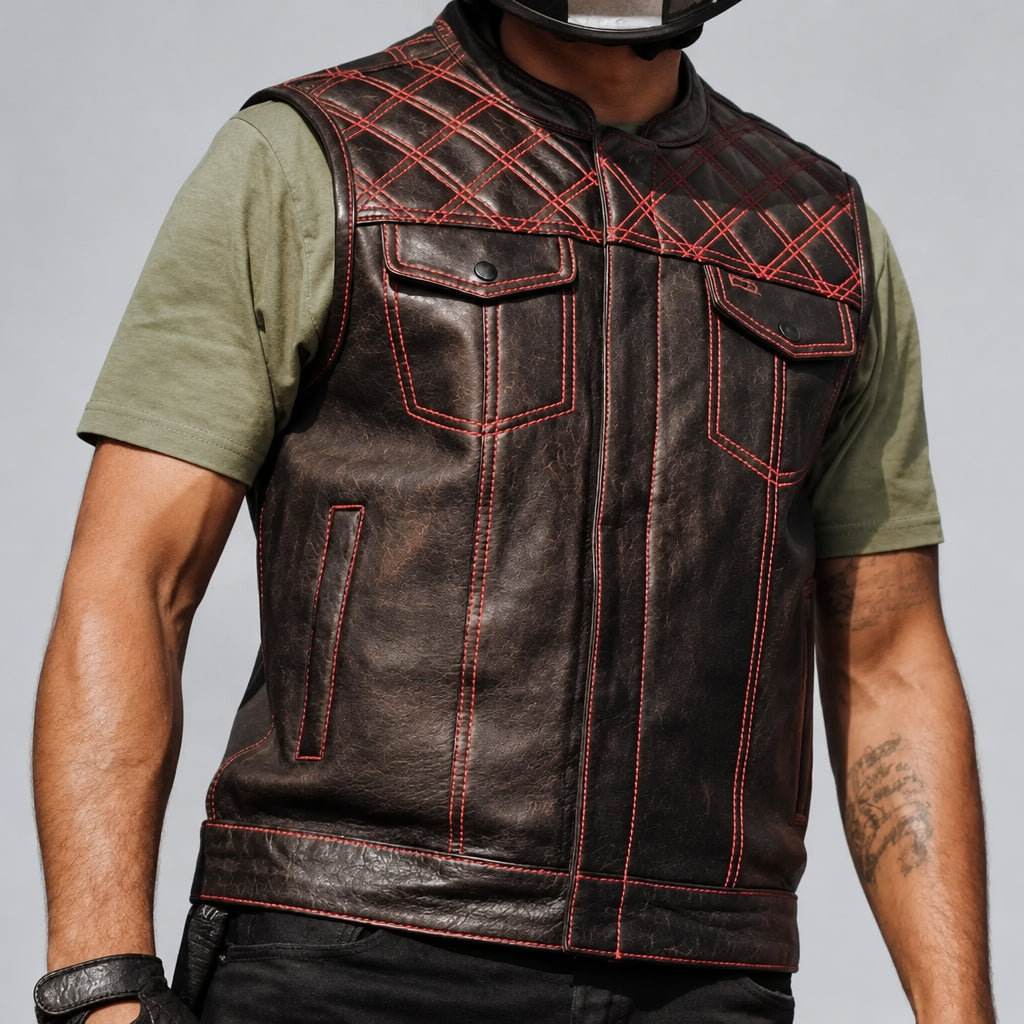 Open Road Men's Upside Leather with Red Stitched Diamonds  Vest Men's Vests Boutique of Leathers/Open Road