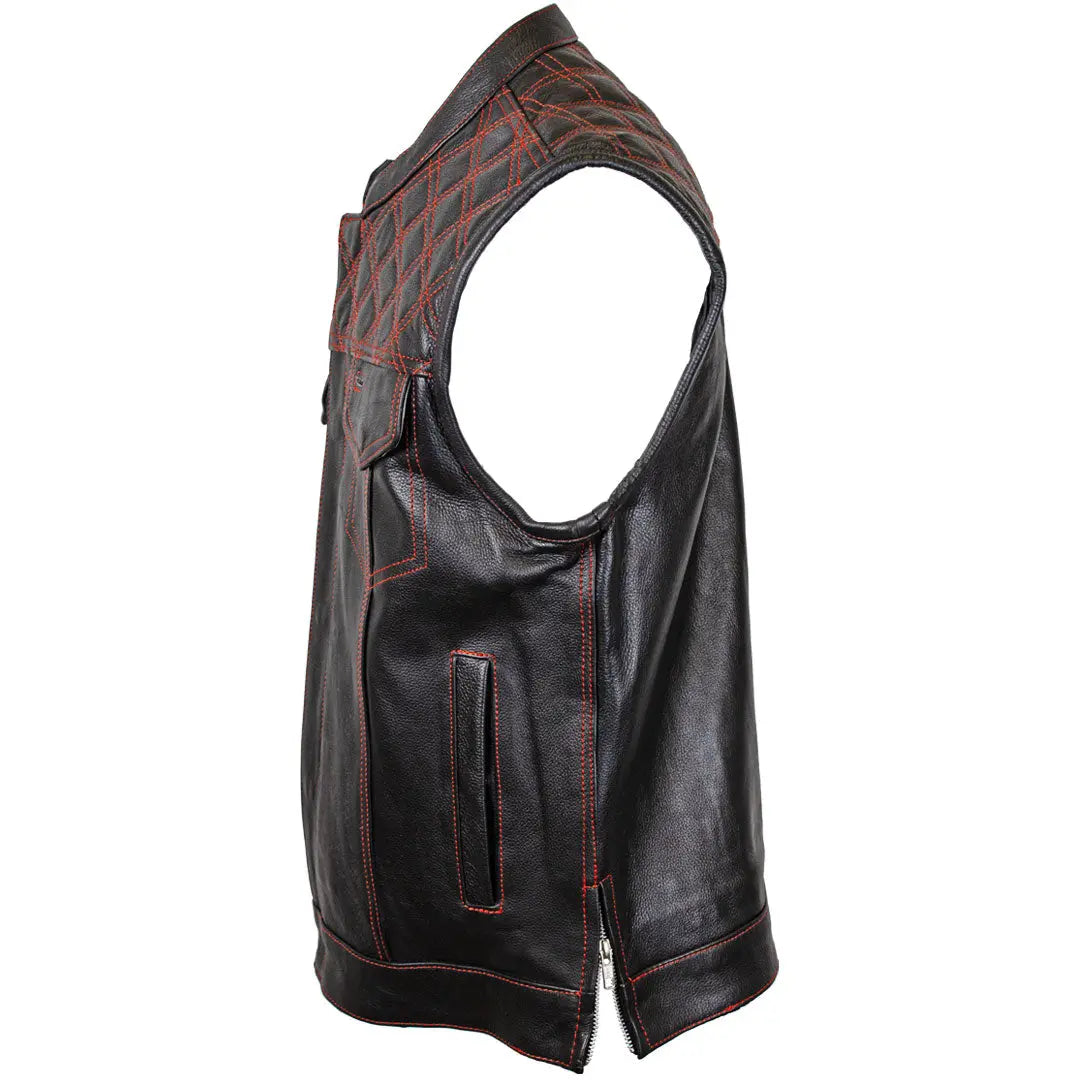 Open Road Men s Upside Leather with Red Stitched Diamonds Vest Black Red S