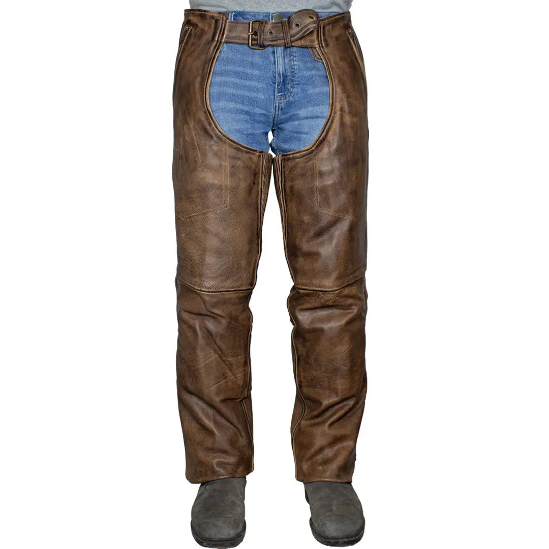 Open Road Men's Vintage Brown Pocket Premium Leather Chaps