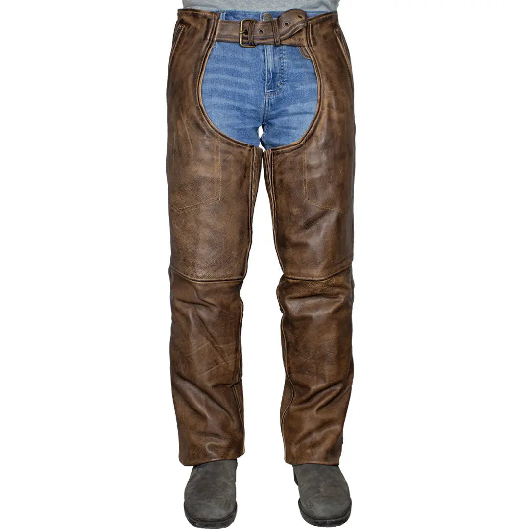 Open Road Men's Vintage Brown 4 Pocket Premium Leather Chaps Men's Motorcycle Pants & Chaps Boutique of Leathers/Open Road