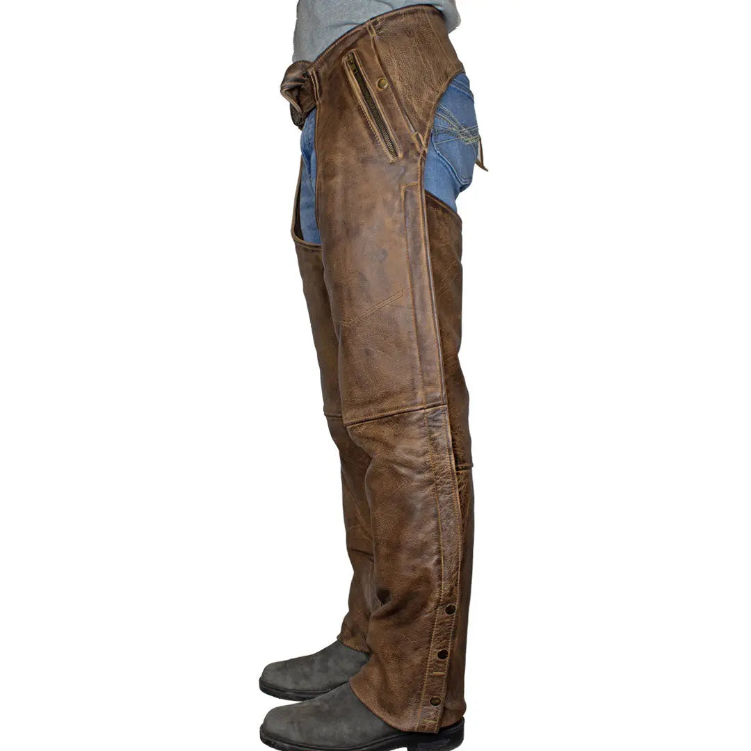 Hot Leathers Chm1008 Unisex Distressed Brown Premium Motorcycle Leather Chaps Brown Small