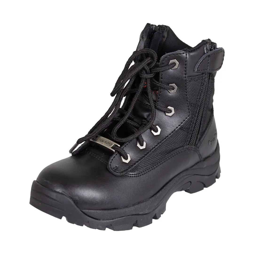 Open Road Women's Black Leather Tactical Lace-Up Boots with Side Zippers Entry Women's Motorcycle Boots Boutique of Leathers/Open Road