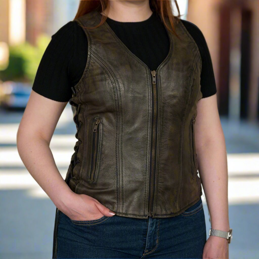 Open Road Women's Distressed Brown Vest Women's Vests Boutique of Leathers/Open Road