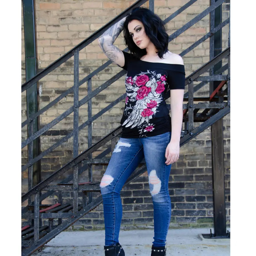 Open Road Women's Off The Shoulder Flower Top Women's Shirts & Tees Boutique of Leathers/Open Road