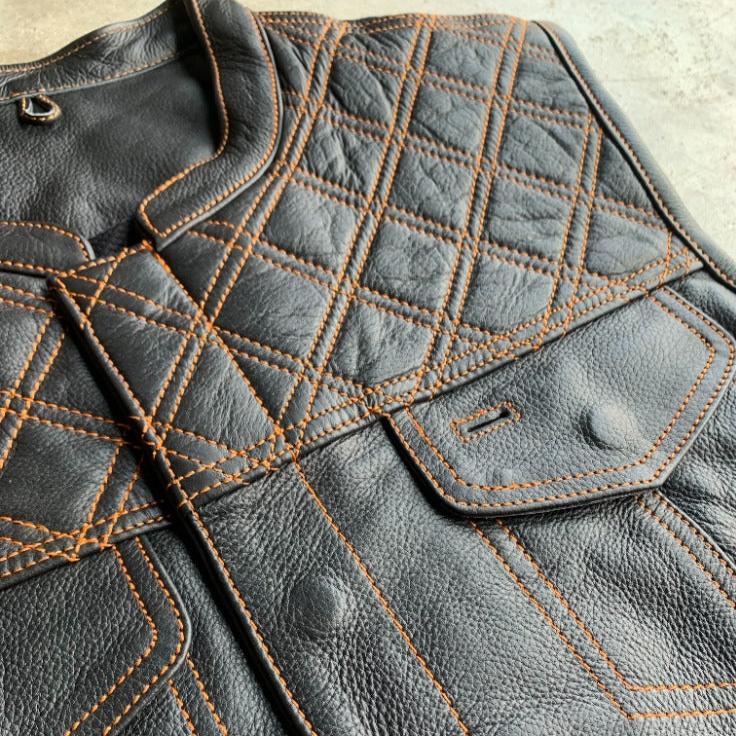 Open Road Men's Upside Leather with Orange Stitched Diamonds Vest - Boutique of Leathers/Open Road