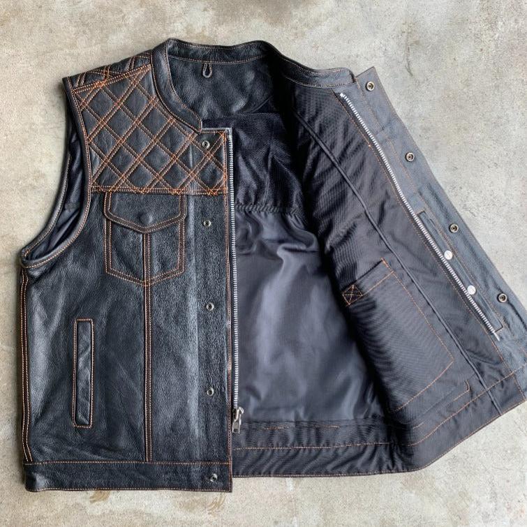 Open Road Men's Upside Leather with Orange Stitched Diamonds Vest - Boutique of Leathers/Open Road