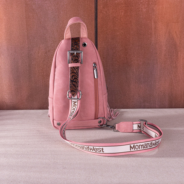 Montana West Tooled Fringe Sling Bag. Western PU Leather Floral Crossbody with Adjustable Strap