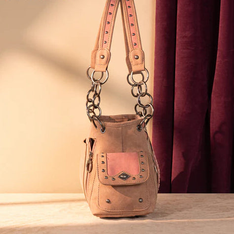 Montana West Cut-Out Embroidered Satchel. Suede-Feel Western Bag with Aztec Concho