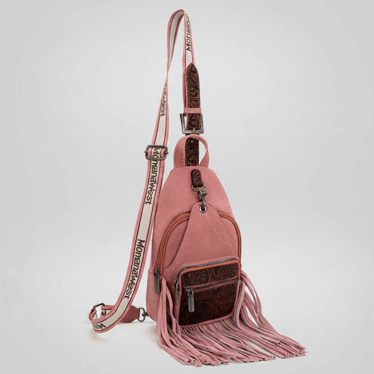 Montana West Tooled Fringe Sling Bag. Western PU Leather Floral Crossbody with Adjustable Strap - Boutique of Leathers/Open Road