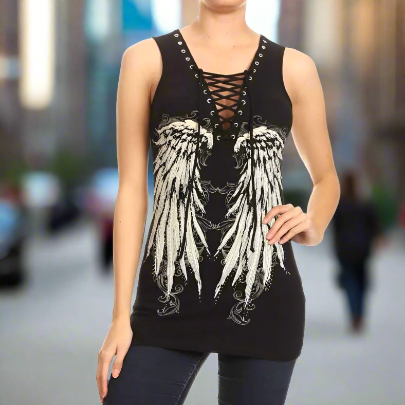 Platinum Plush Women's Angel Wing Lace-Up Tank Top - Boutique of Leathers/Open Road