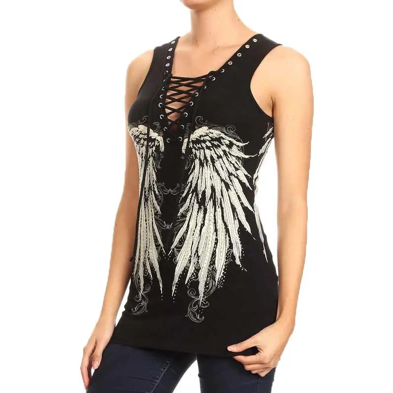 Platinum Plush Women's Angel Wing Lace-Up Tank Top - Boutique of Leathers/Open Road