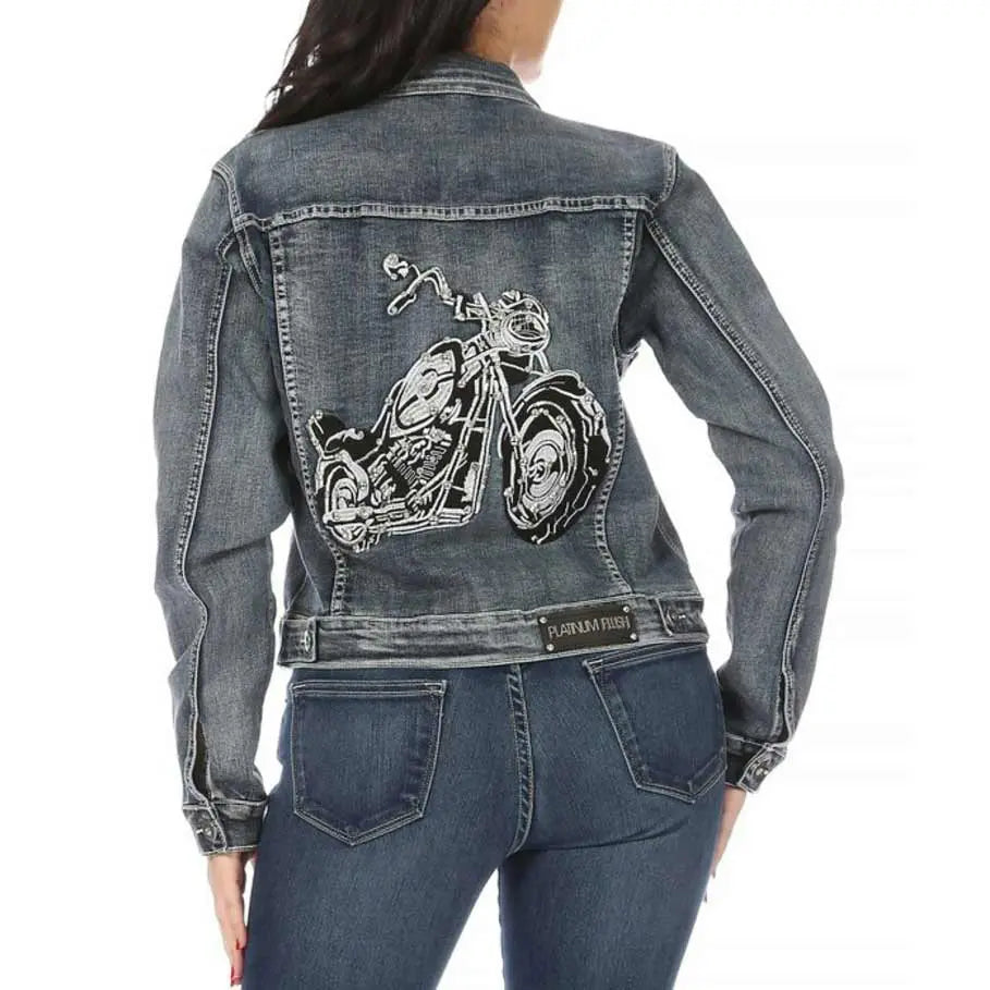 Platinum Plush Women's Motorcycle Graphic Jean Jacket - Boutique of Leathers/Open Road