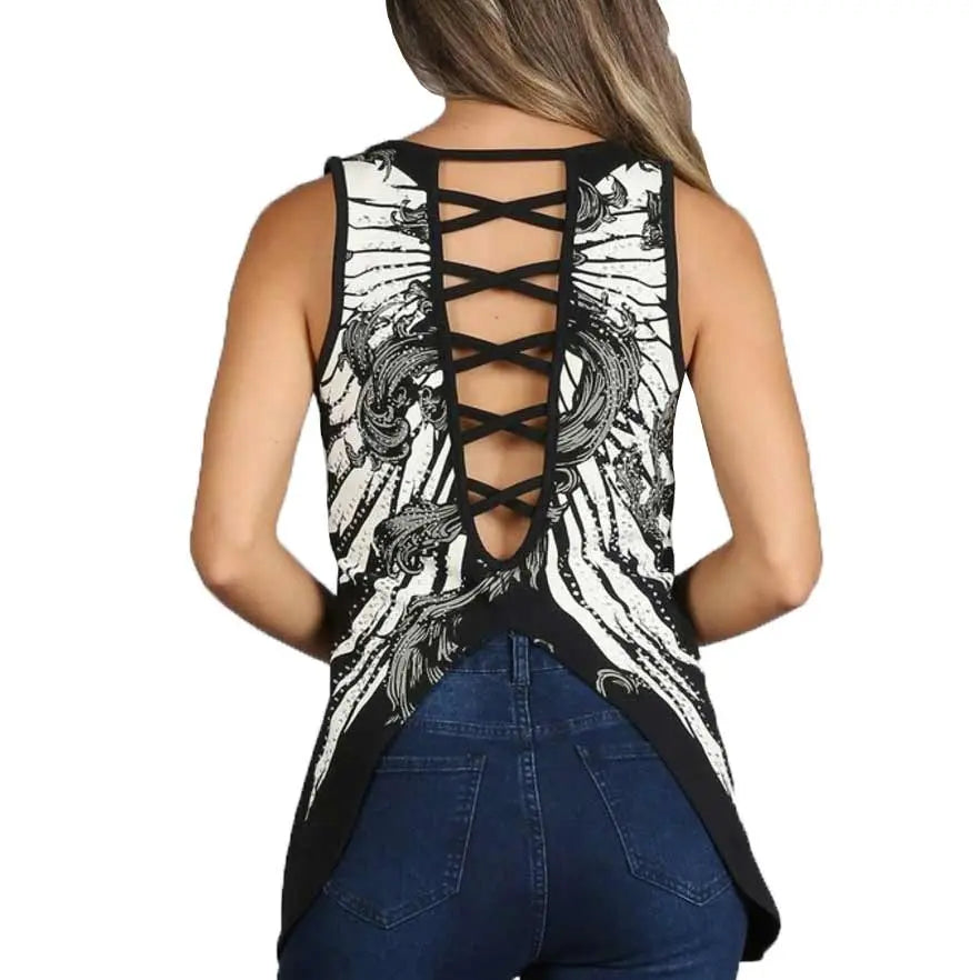 Platinum Plush Women's Skull Criss Cross Back Tank Top - Boutique of Leathers/Open Road