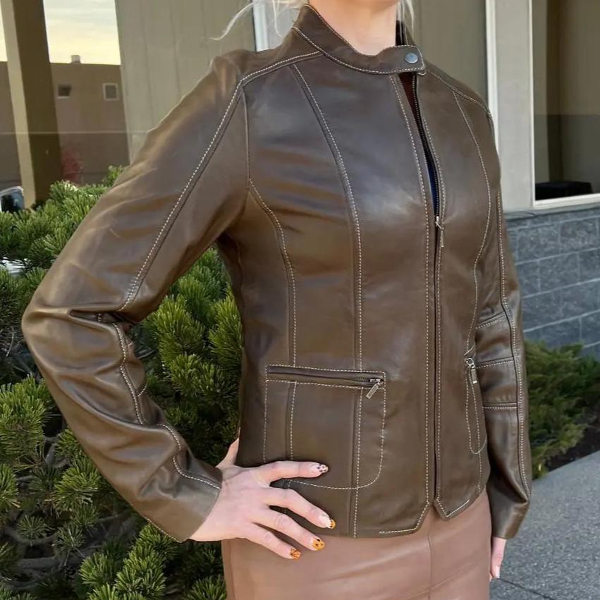 Women's Snap Collar Lamb Leather Jacket - Boutique of Leathers