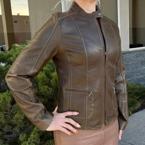 Women's Snap Collar Lamb Leather Jacket - Boutique of Leathers