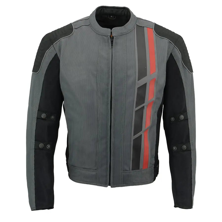 First MFG Co. Men's Black & Grey Mesh Armored Racing Jacket w/ Racing Stripes Men's Motorcycle Jackets Boutique of Leathers/Open Road