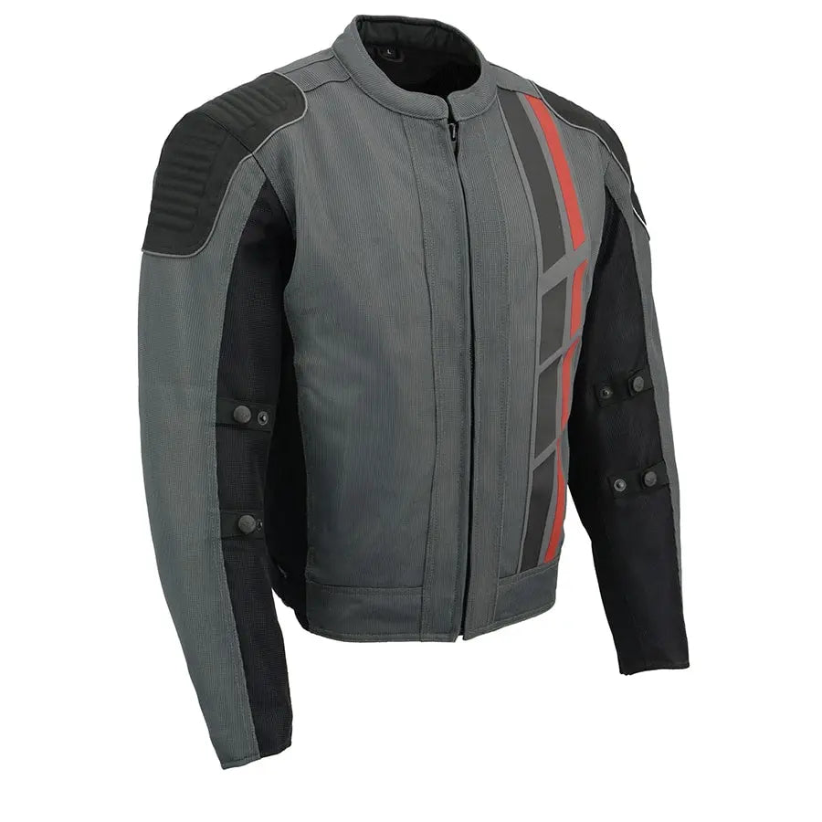 First MFG Co. Men's Black & Grey Mesh Armored Racing Jacket w/ Racing Stripes Men's Motorcycle Jackets Boutique of Leathers/Open Road