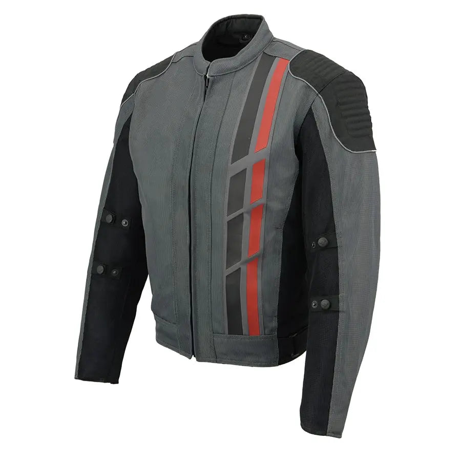 First MFG Co. Men's Black & Grey Mesh Armored Racing Jacket w/ Racing Stripes Men's Motorcycle Jackets Boutique of Leathers/Open Road