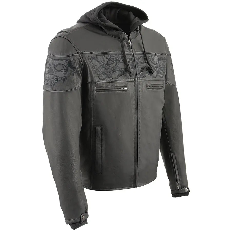 Milwaukee Leather Men's Crossover Scooter Jacket w/ Reflective Skulls & Full Sleeve Removable Hoodie Men's Motorcycle Jackets Boutique of Leathers/Open Road