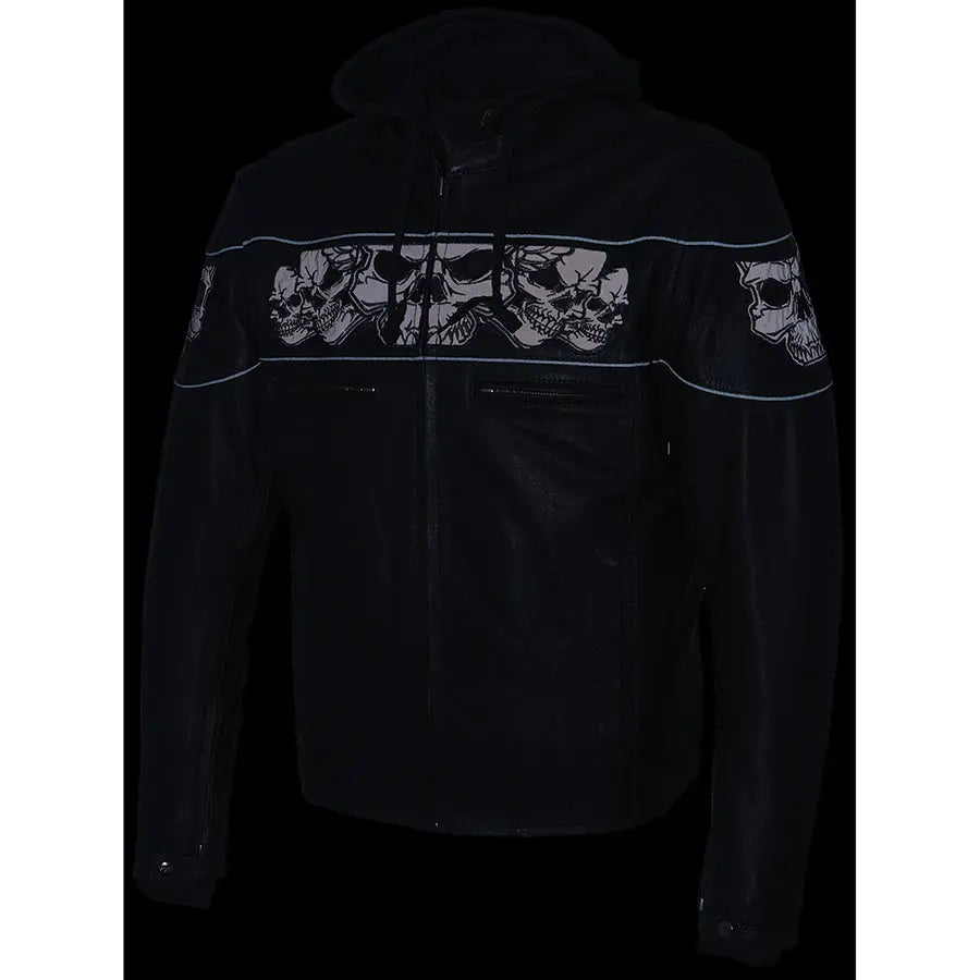 Milwaukee Leather Men's Crossover Scooter Jacket w/ Reflective Skulls & Full Sleeve Removable Hoodie Men's Motorcycle Jackets Boutique of Leathers/Open Road