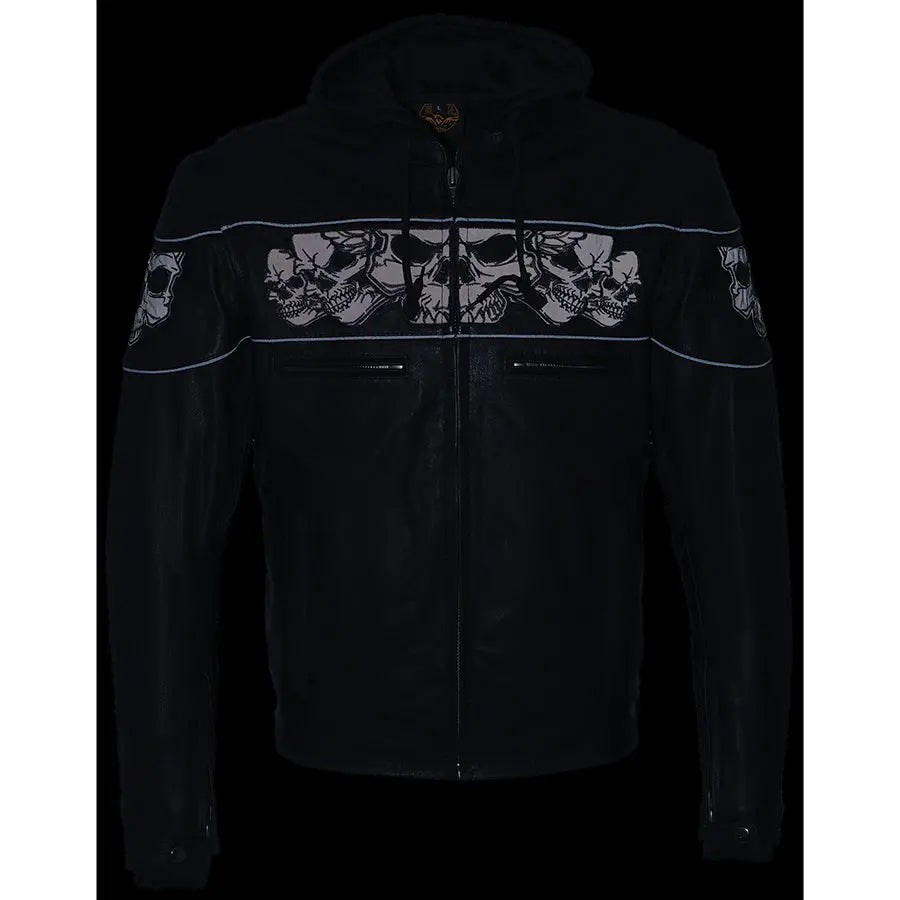 Milwaukee Leather Men's Crossover Scooter Jacket w/ Reflective Skulls & Full Sleeve Removable Hoodie Men's Motorcycle Jackets Boutique of Leathers/Open Road