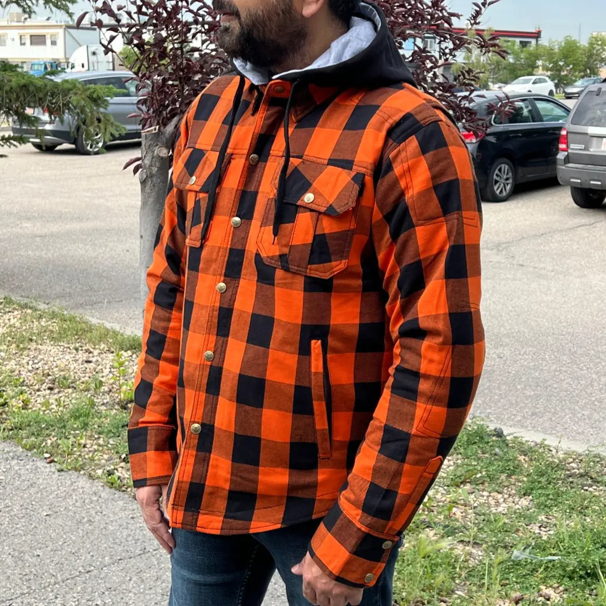 Milwaukee Leather Men's Orange & Black Armored Flannel Biker Shirt w/ Reinforced Fibers Men's Armoured Shirts Boutique of Leathers/Open Road