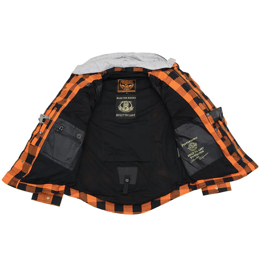 Milwaukee Leather Men's Orange & Black Armored Flannel Biker Shirt w/ Reinforced Fibers Men's Armoured Shirts Boutique of Leathers/Open Road