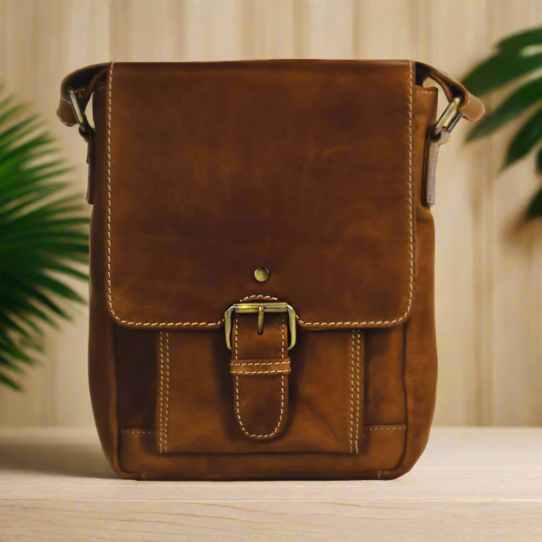 Rugged Earth Leather Bag with front flap and buckle