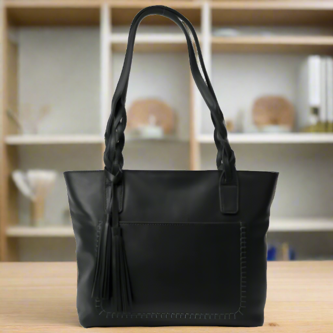 Rugged Earth Leather Handbag with Top Zipper Black