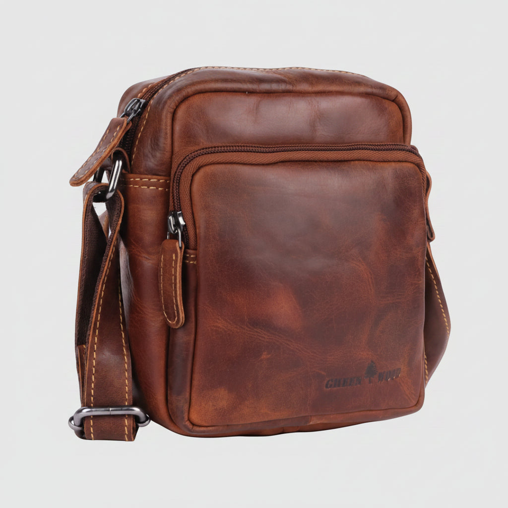 Greenwood Leather Mini-Messenger Bag. Premium Compact Crossbody Travel Organizer