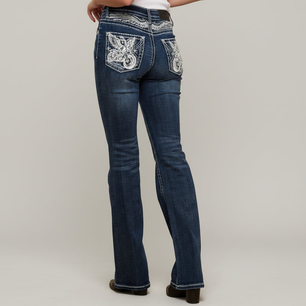 Skull Rider Women’s Bootcut Motorcycle Bling Jeans. High Waisted Embroidered Western Denim - Boutique of Leathers/Open Road
