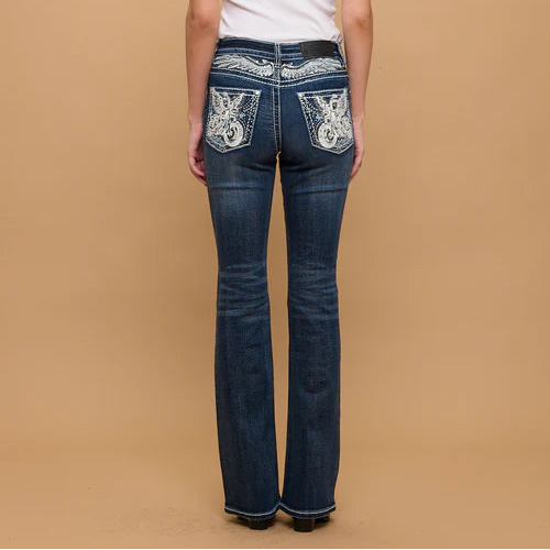 Skull Rider Women’s Bootcut Motorcycle Bling Jeans. High Waisted Embroidered Western Denim