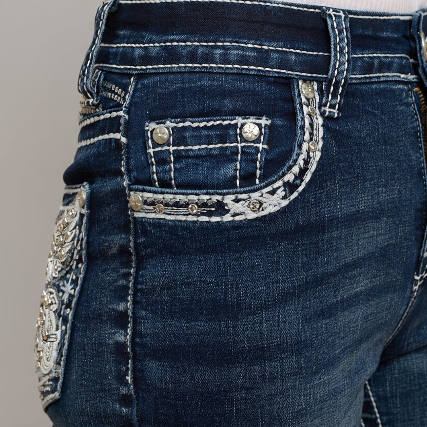 Skull Rider Women’s Bootcut Motorcycle Bling Jeans. High Waisted Embroidered Western Denim - Boutique of Leathers/Open Road
