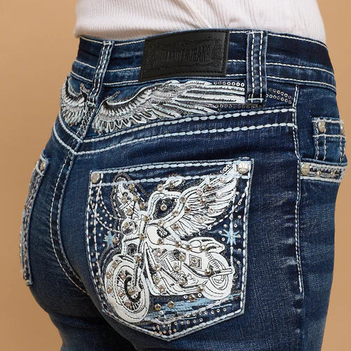 Skull Rider Women’s Bootcut Motorcycle Bling Jeans. High Waisted Embroidered Western Denim
