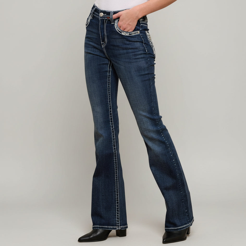 Skull Rider Women’s Bootcut Motorcycle Bling Jeans. High Waisted Embroidered Western Denim - Boutique of Leathers/Open Road