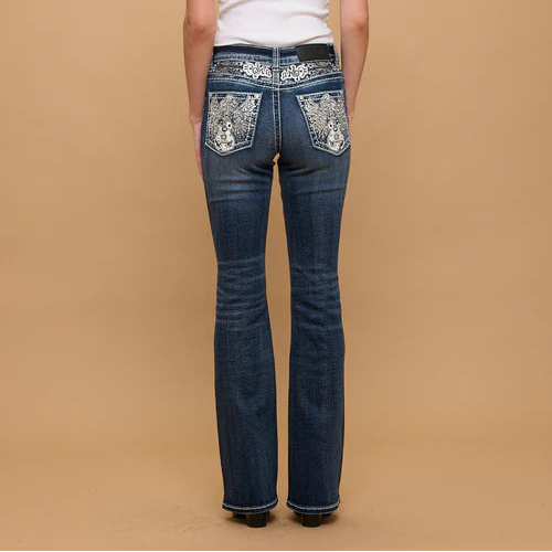 Skull Rider Women’s Music Note & Electric Guitar Bling Jeans. High Waisted Bootcut Western Denim