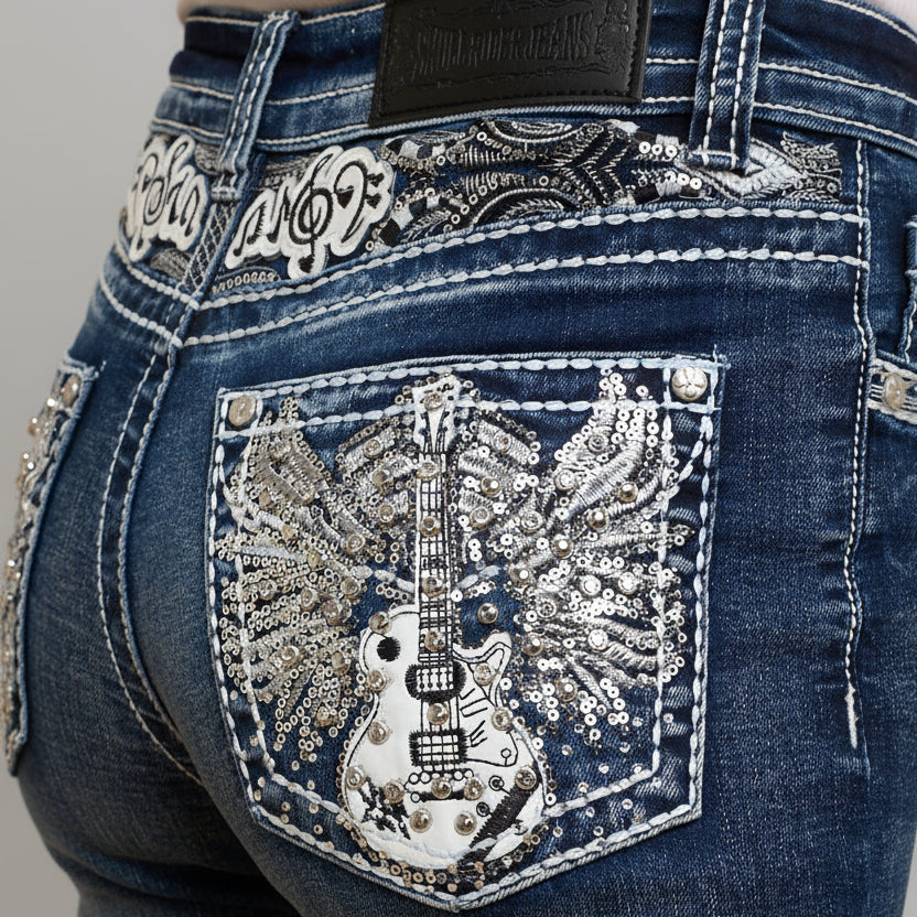 Skull Rider Women’s Music Note & Electric Guitar Bling Jeans. High Waisted Bootcut Western Denim - Boutique of Leathers/Open Road
