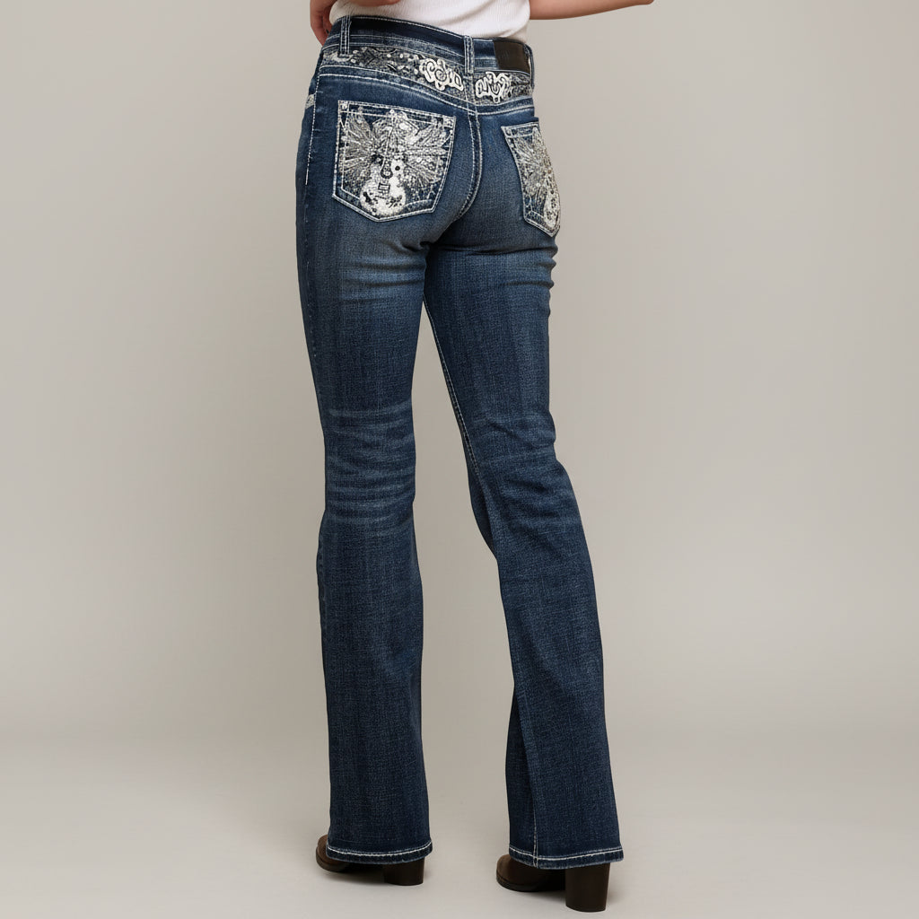 Skull Rider Women’s Music Note & Electric Guitar Bling Jeans. High Waisted Bootcut Western Denim - Boutique of Leathers/Open Road