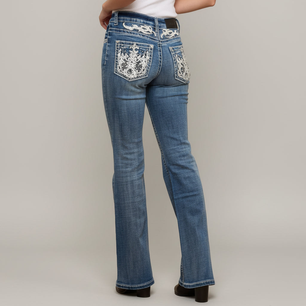 Skull Rider Women's Bootcut Bling Jeans. High Waisted Embroidered Western Denim - Boutique of Leathers/Open Road